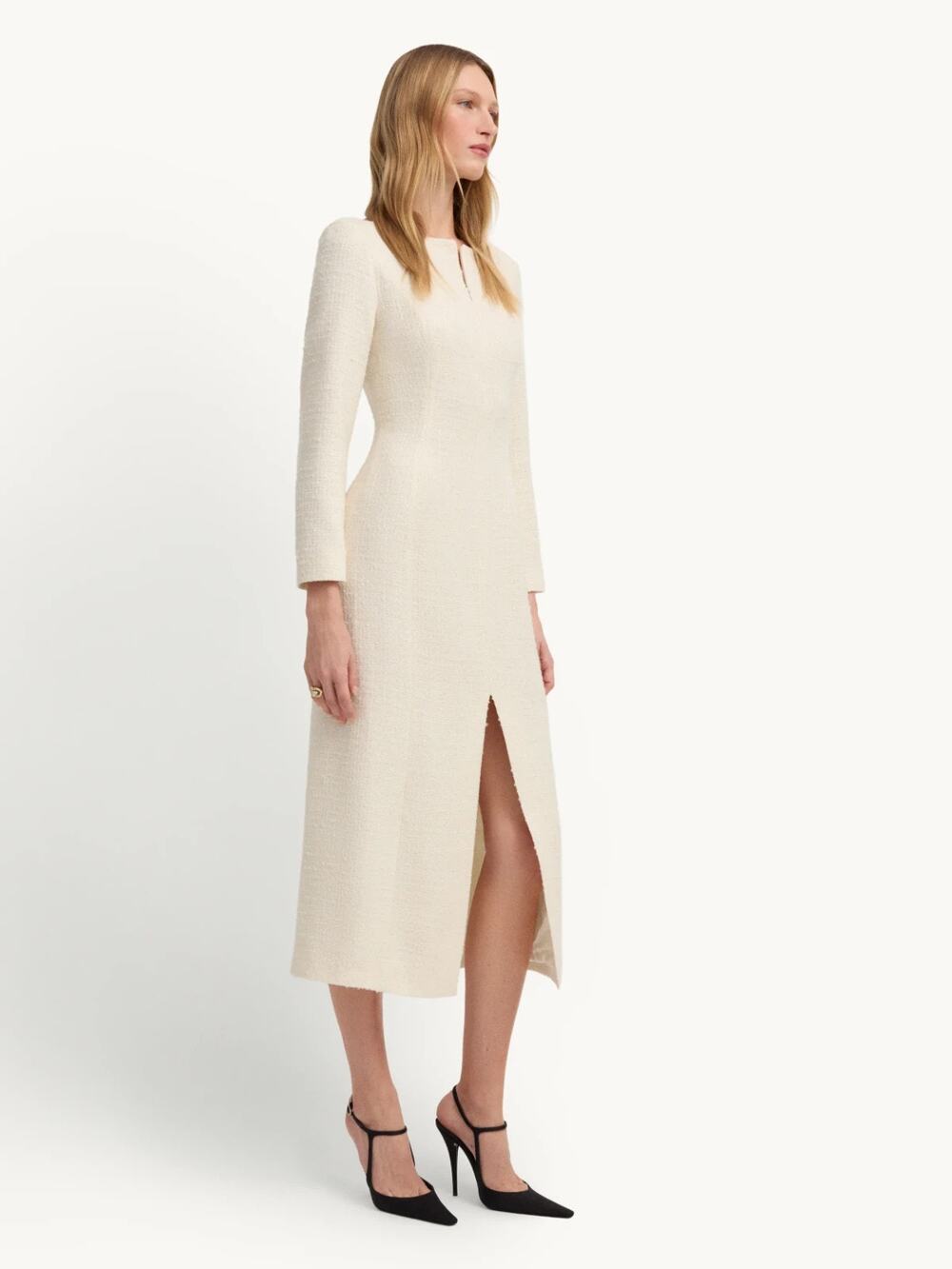 GWYN The Festive Tweed Dress Ivory Midi Long Sleeve Zip Front Lined 0 XS